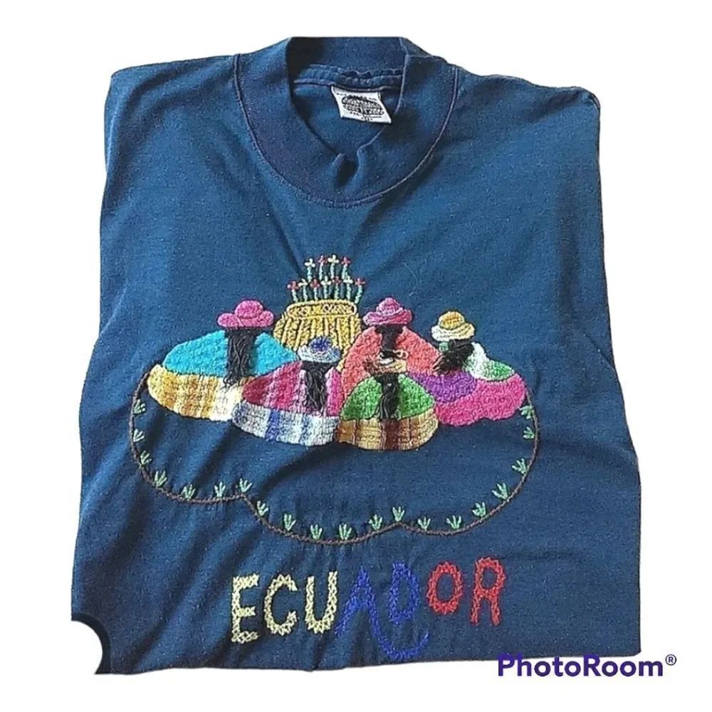 Embroidered Equador Teal Cotton T-Shirt size S